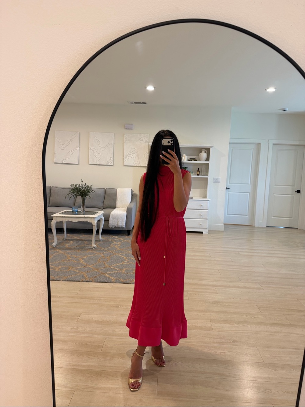 Milly Sleeveless Hot Pink Midi Dress with Tie Waist